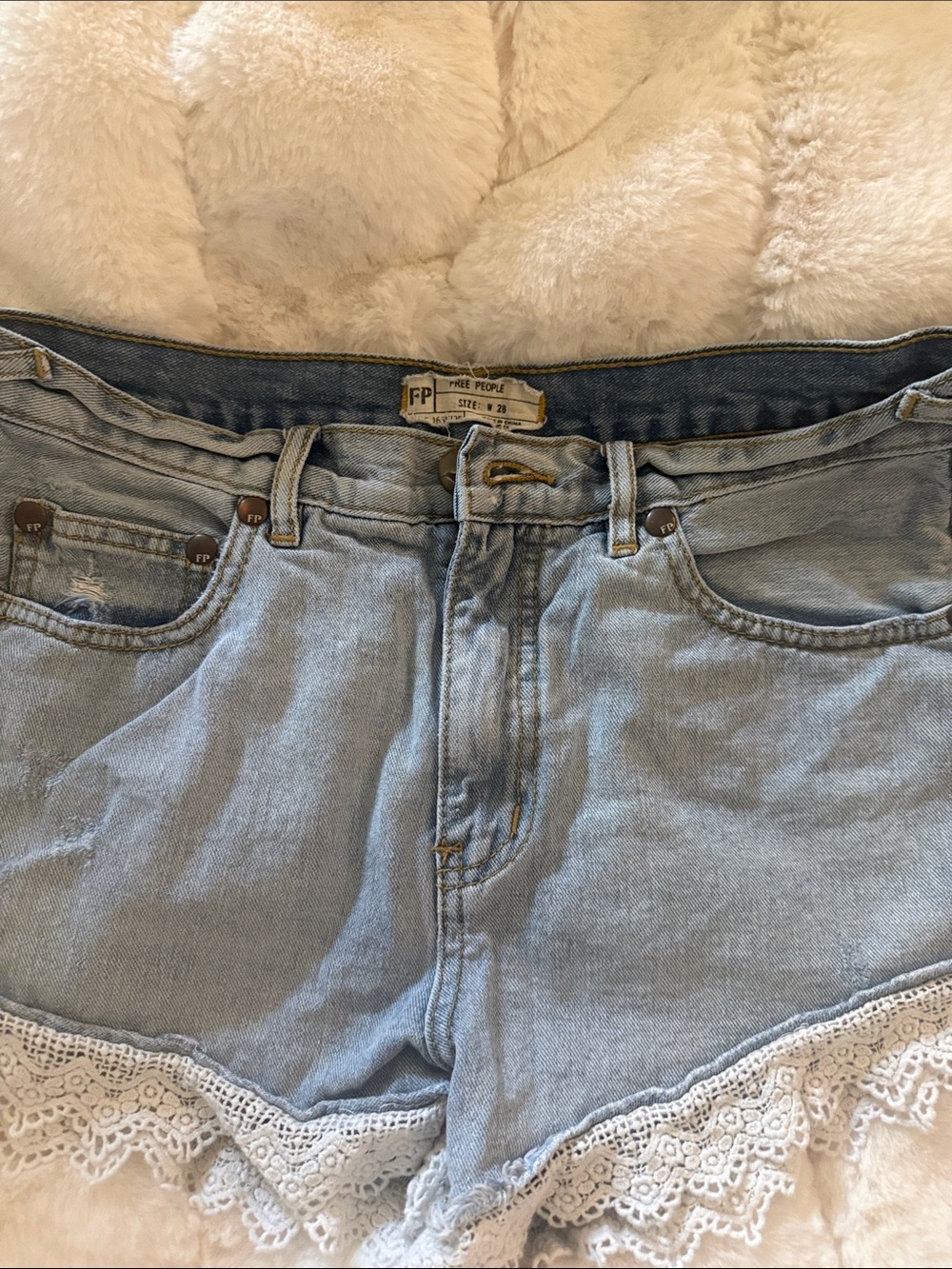 Free People Light Blue Denim Shorts with White Lace Trim